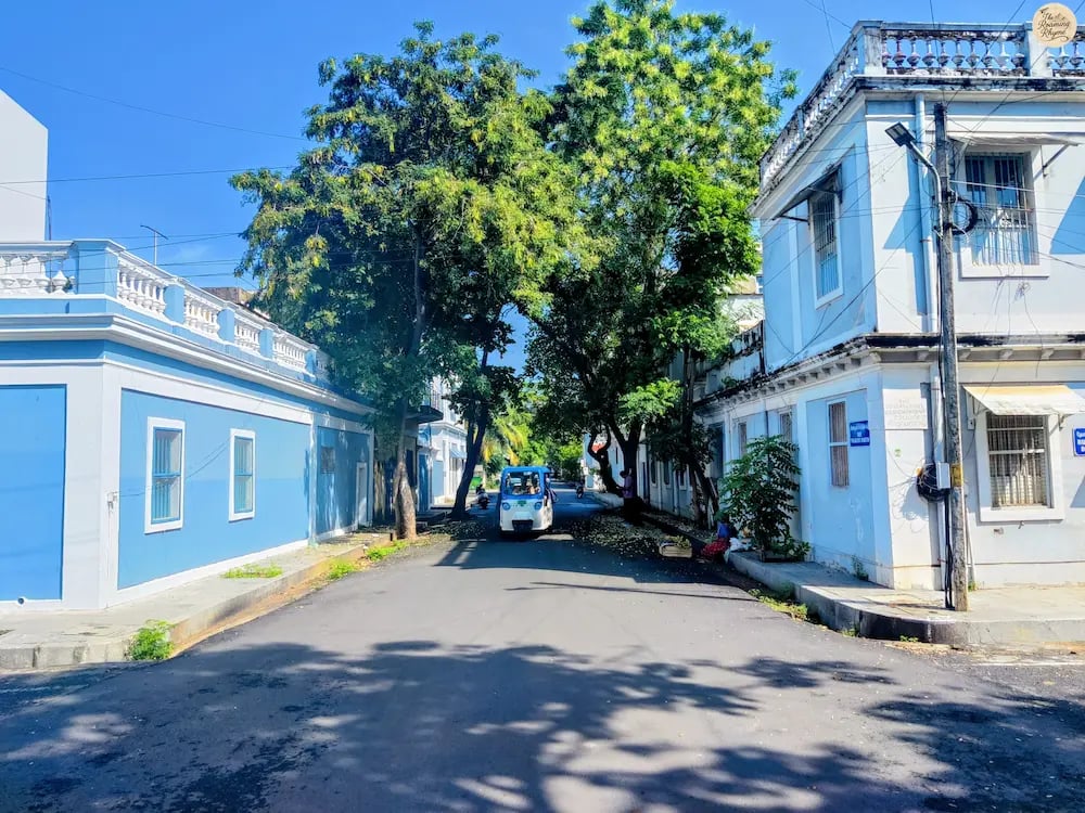 Blue-tinted lanes near Aurobindo Ashram in Pondicherry.