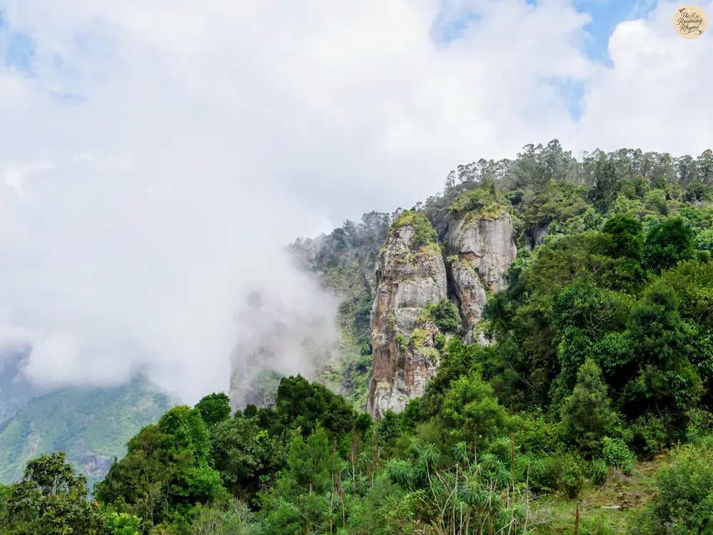 Pillar Rocks shrouded in clouds and mist, Kodaikanal.