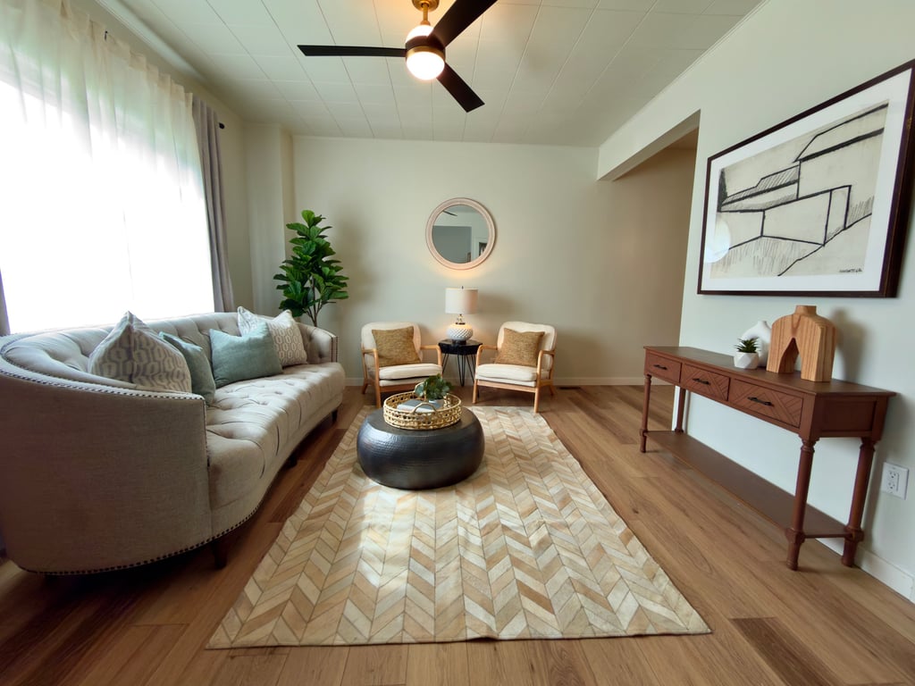 staged Modern mid-century living room in Ohio with neutral decor 