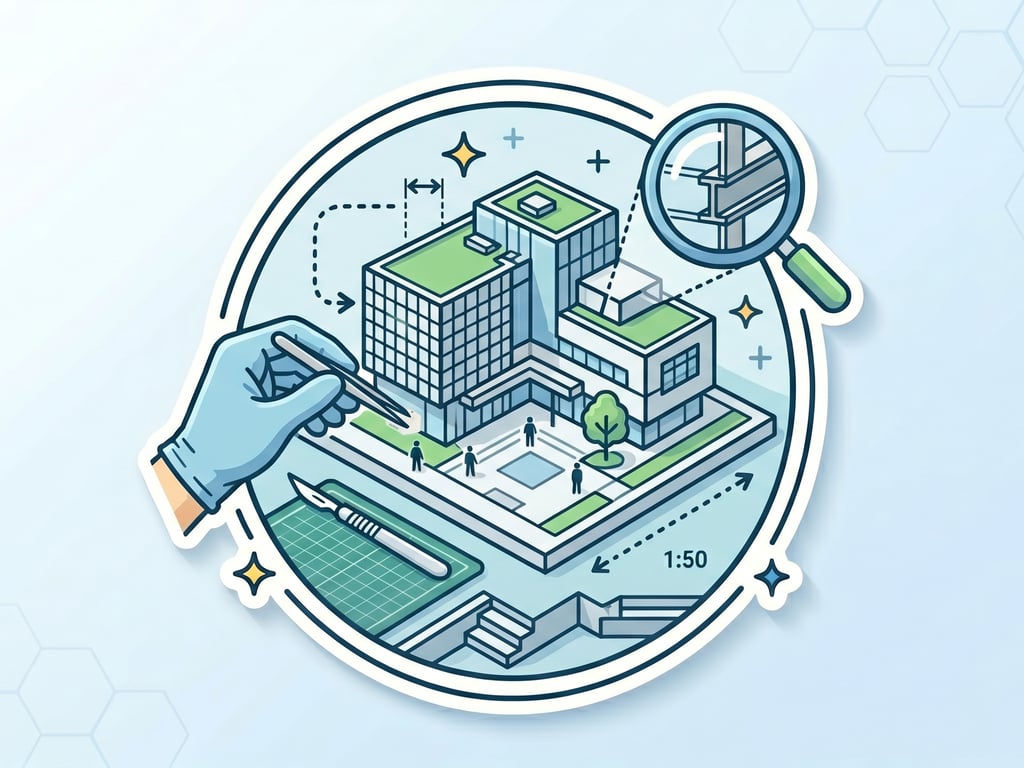 A detailed 3D architectural model illustration showing precision building design with a magnifying glass and tweezers.