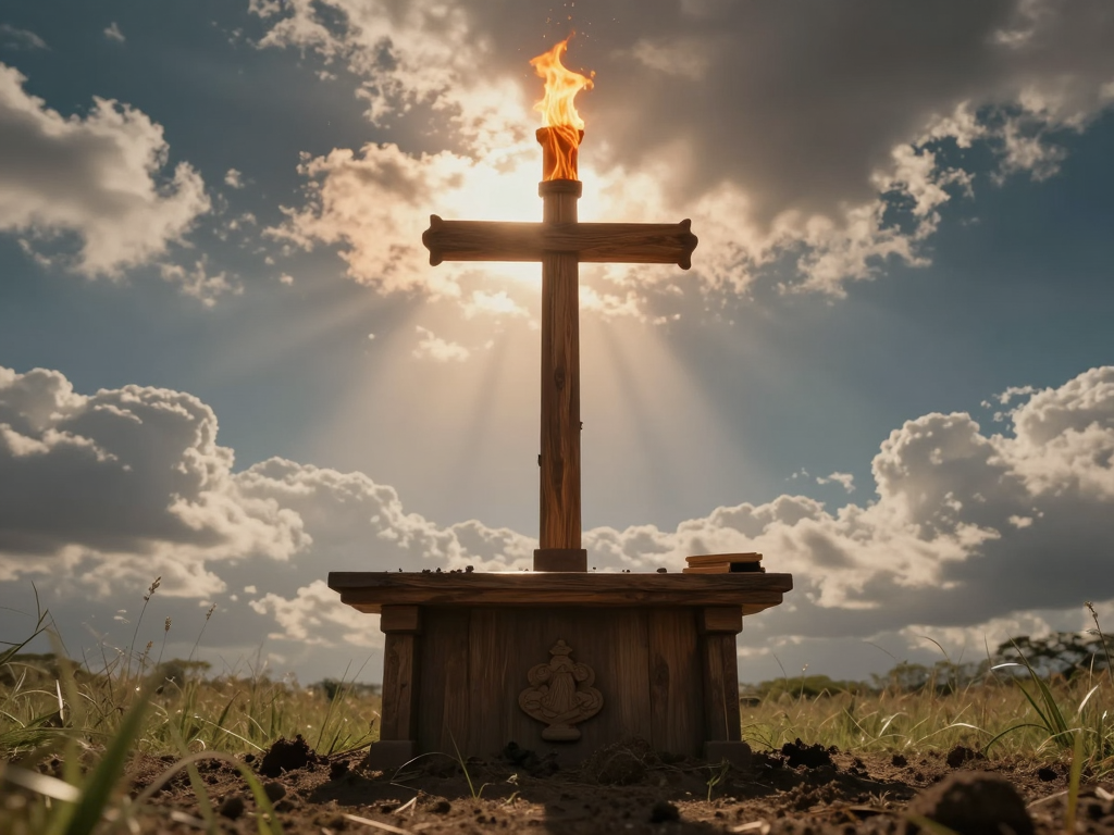 Image of a Christian altar coming out of the earth with Heavenly clouds and God rays with a flame.
