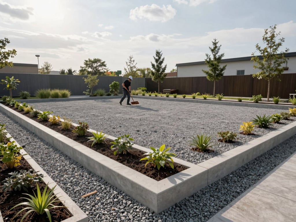 Wide shot of a completed exterior landscape installation at a German commercial property — clean concrete edging borders a gravel bed with young plantings, a site worker raking the surface in the mid-ground, soft overcast afternoon light