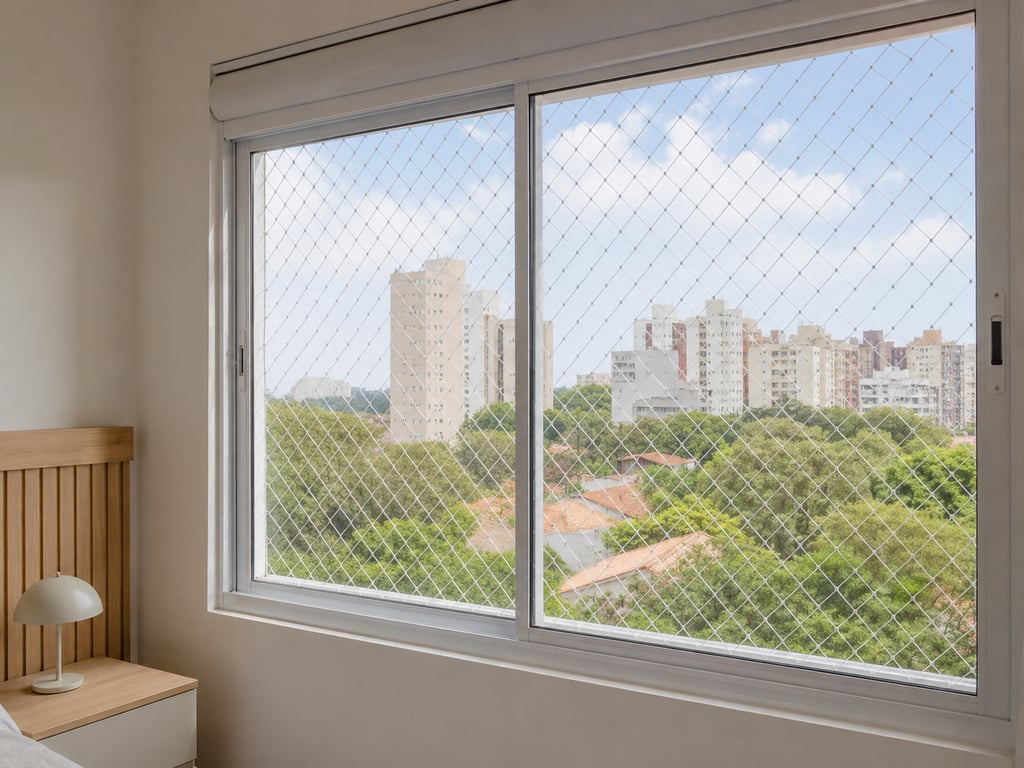 Janela residencial com rede de proteção instalada