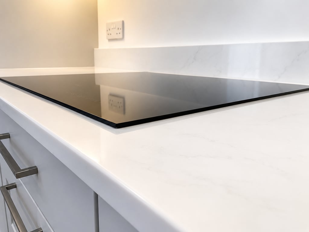 Flush induction hob fitted into white marble quartz worktops in Iffley, Oxford
