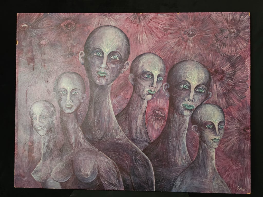 Rencontre du 3ème type - huile sur panneau - Solange Latteur