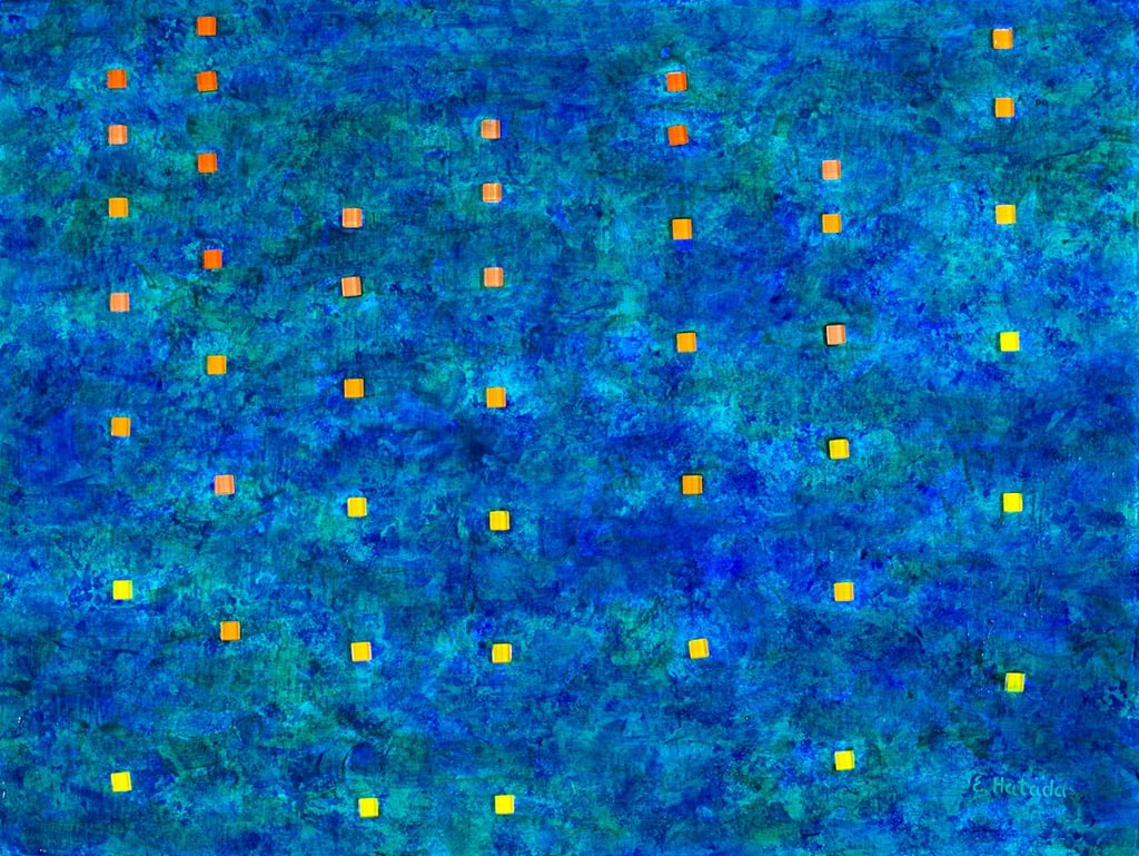 Acrylic and collage abstract painting of rain falling on a river