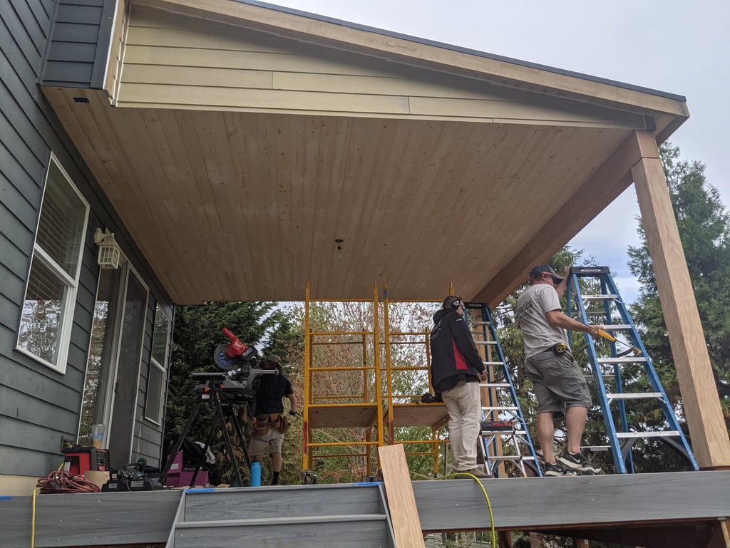 Covered back patio with Trex composite decking and closed cedar soffit