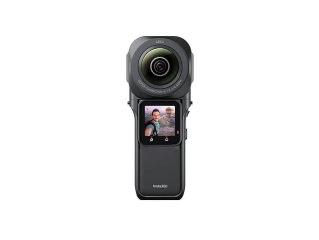 Insta360 ONE RS 1-Inch 360 Edition camera with Leica lens and front-facing touchscreen display.