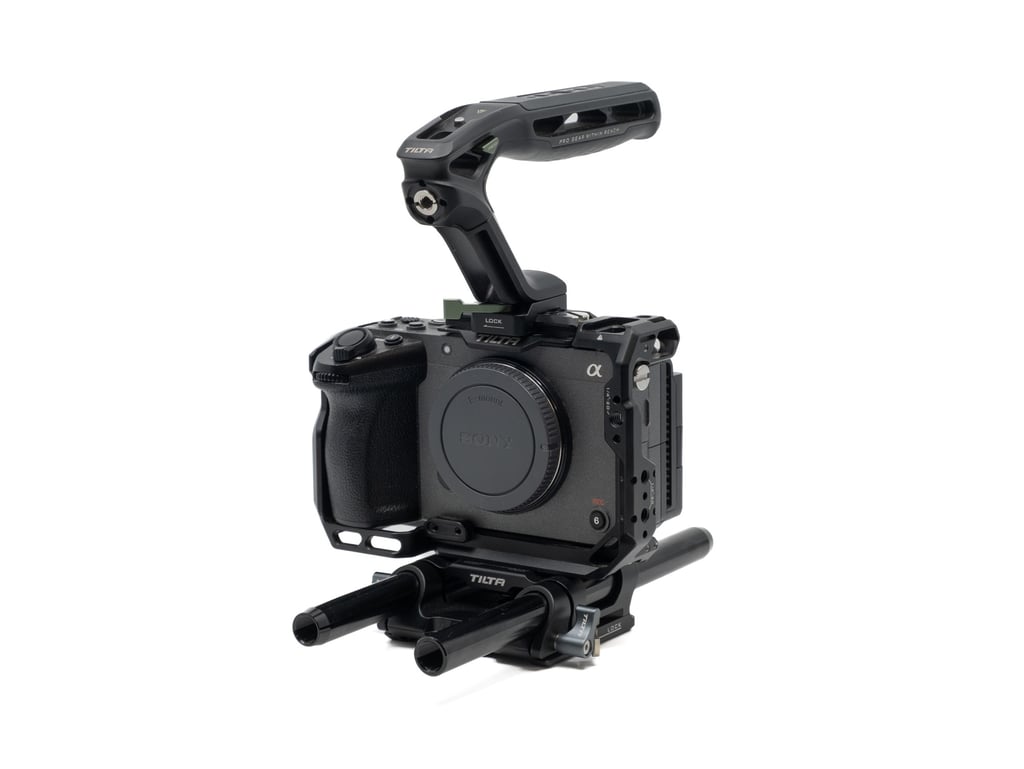 Sony FX3 cinema camera inside a Tilta full cage with top handle and 15mm rod baseplate.