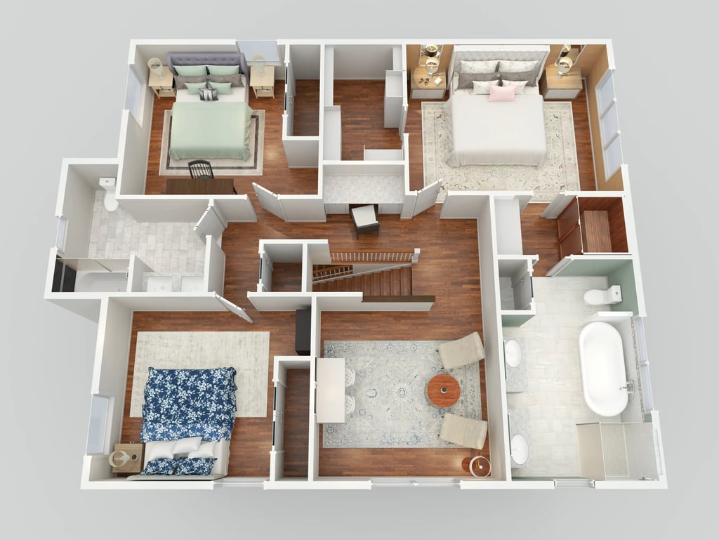 Realistic 3D floor plan with furnished bedrooms, bathroom, and living space layout