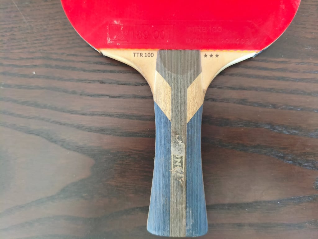 Review de raquete ping pong JOOLA TTM 200 detalhando o acabamento do cabo de madeira de 3 estrelas.