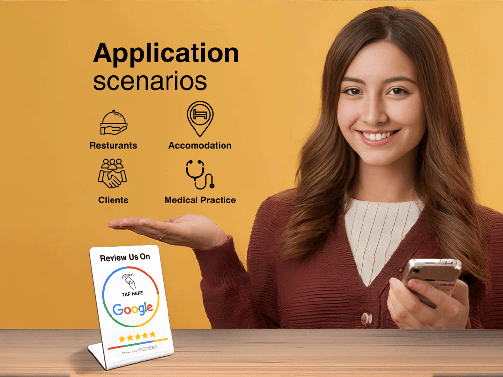 Smiling woman presenting NFC Google review sign. Social proof display for small businesses.