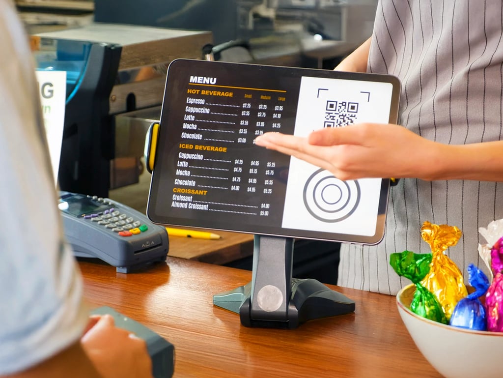 Tablet POS screen showing menu and QR code on café counter. Turn tablets into kiosk menus.