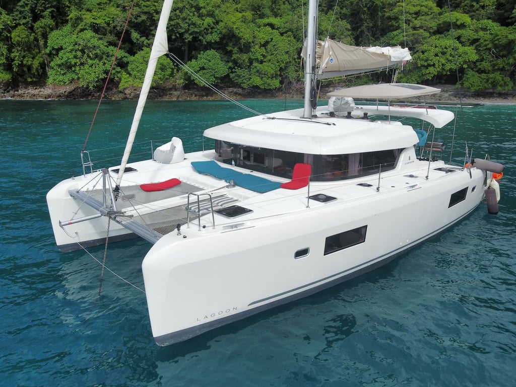 Kephas luxury catamaran anchored in pristine bay of Gulf of Papagayo, Guanacaste, Costa Rica