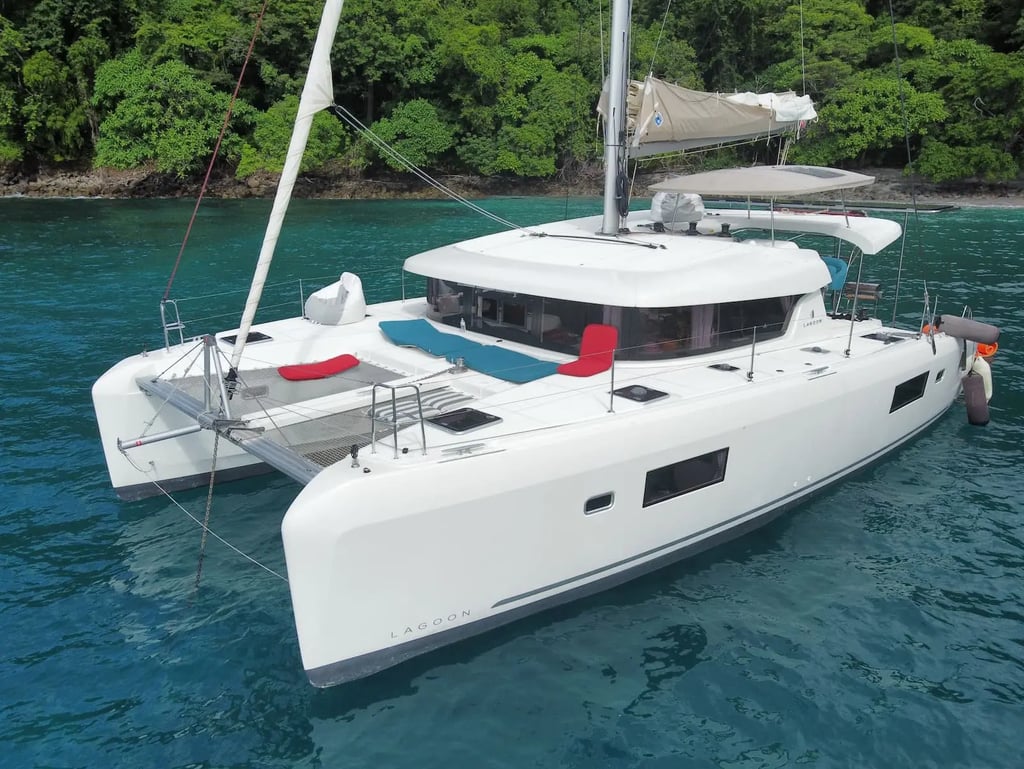 Kephas luxury catamaran anchored in pristine bay of Gulf of Papagayo, Guanacaste, Costa Rica