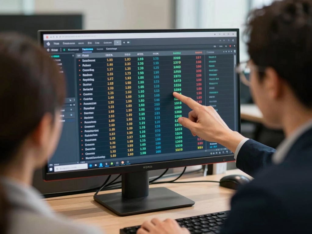 Over-the-shoulder view of a finance professional reviewing a dashboard on a large monitor, colleague seated beside them pointing at a specific data row, soft office ambient light