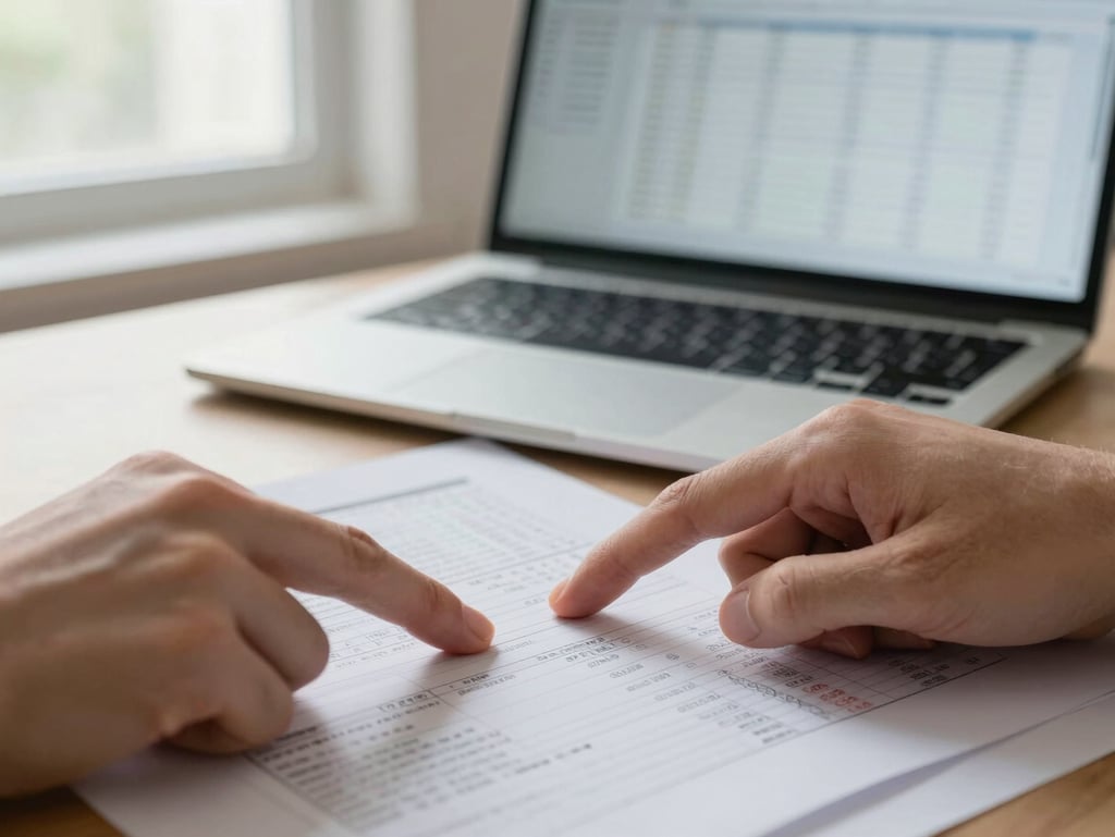Close-up of hands pointing at a printed financial report on a desk, laptop open beside it showing a spreadsheet, natural window light from the left, shallow depth of field