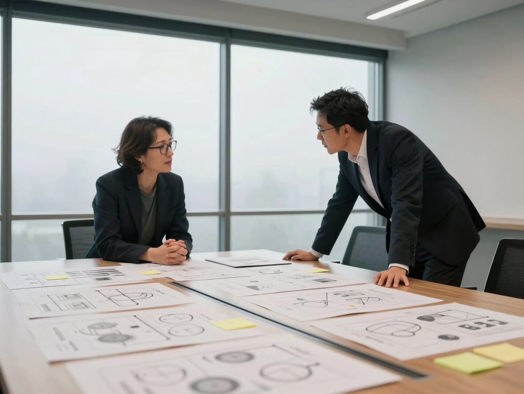 Wide-angle view of a meeting room mid-conversation, two people leaning over a table covered in printed diagrams and sticky notes, diffuse daylight through frosted glass partition