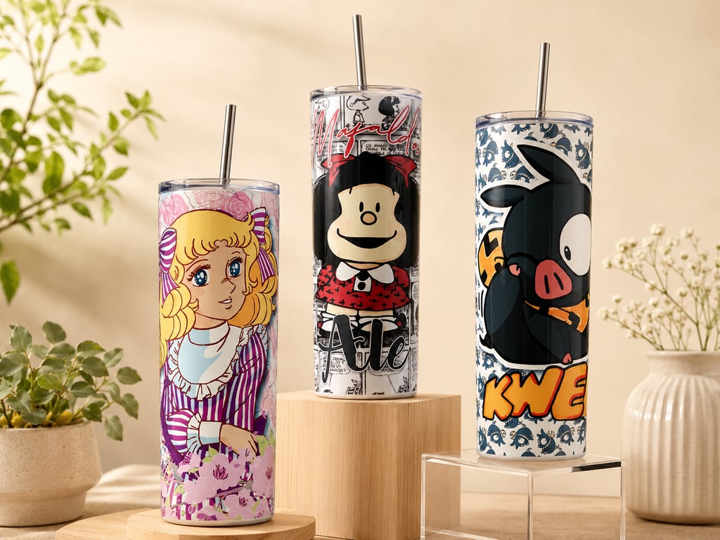  Tres tumblers o termos personalizados con diseños de los personajes de anime 