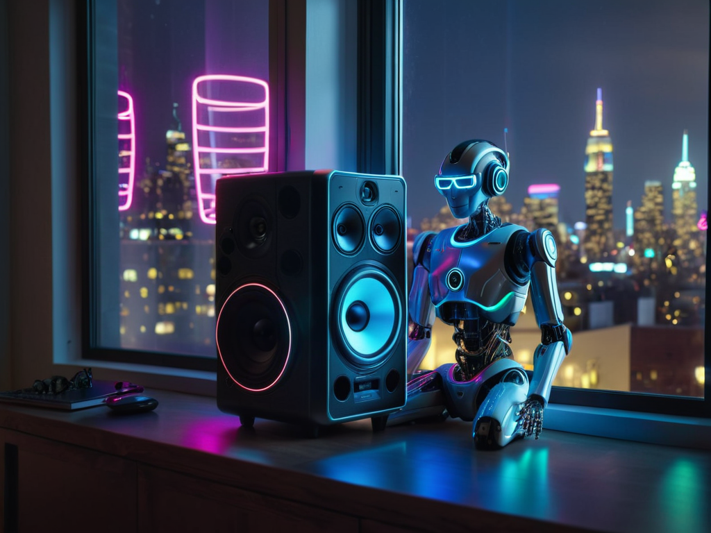 Image of an AI robot listening to music.