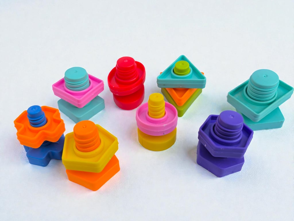 Colorful plastic nuts and bolts building set for fine motor skills development.