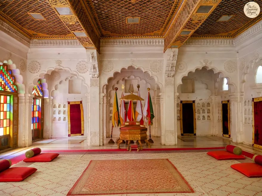 Moti Mahal inside Mehrangarh Fort Jodhpur, grand hall used for royal meetings and coronations, decorated with stained glass.