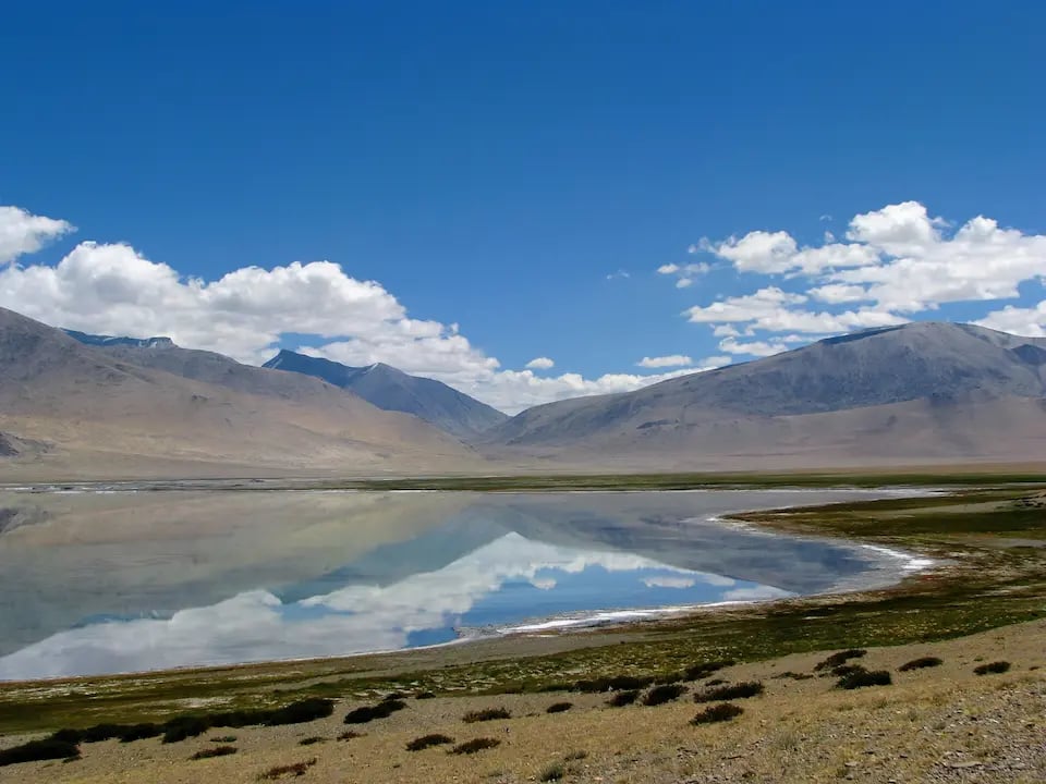 Tso Kar Lake reflecting the mountains of eastern Ladakh