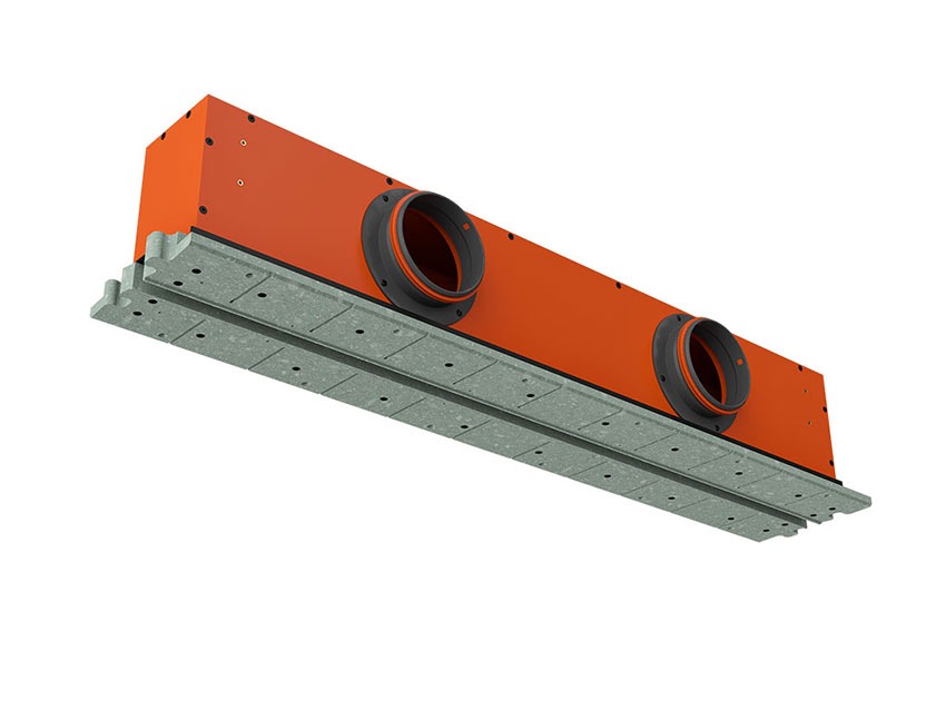 ERGOVENT LINEO PRO 125 angled view showing orange plenum body with two large round duct inlets and gray gypsum frame