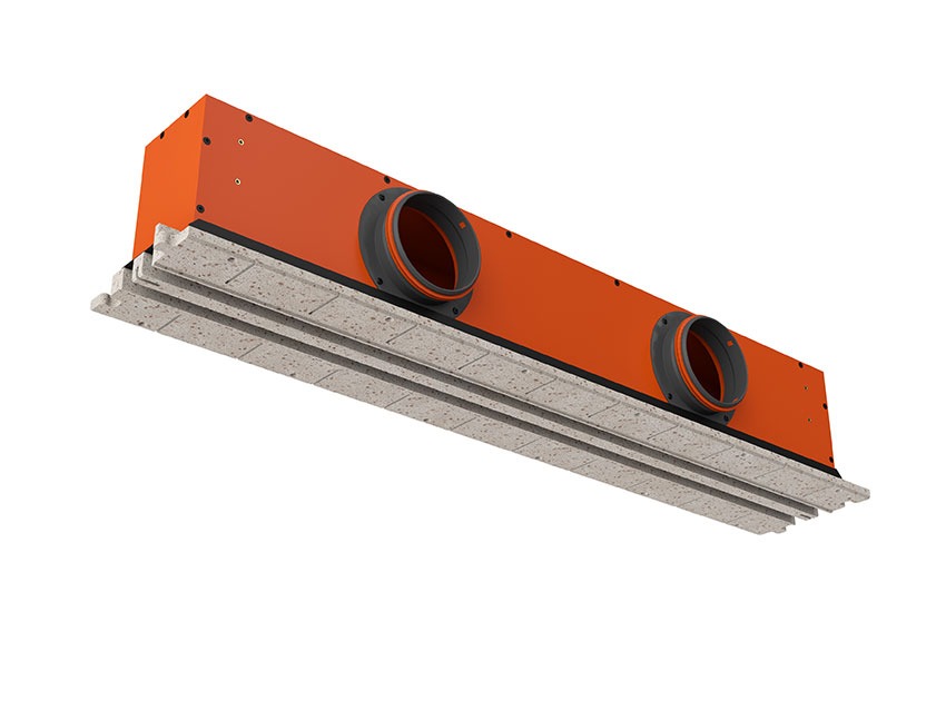 ERGOVENT LINEO PRO PUZZLE 125-2 perspective view showing orange plenum with two duct connectors and slotted gypsum face