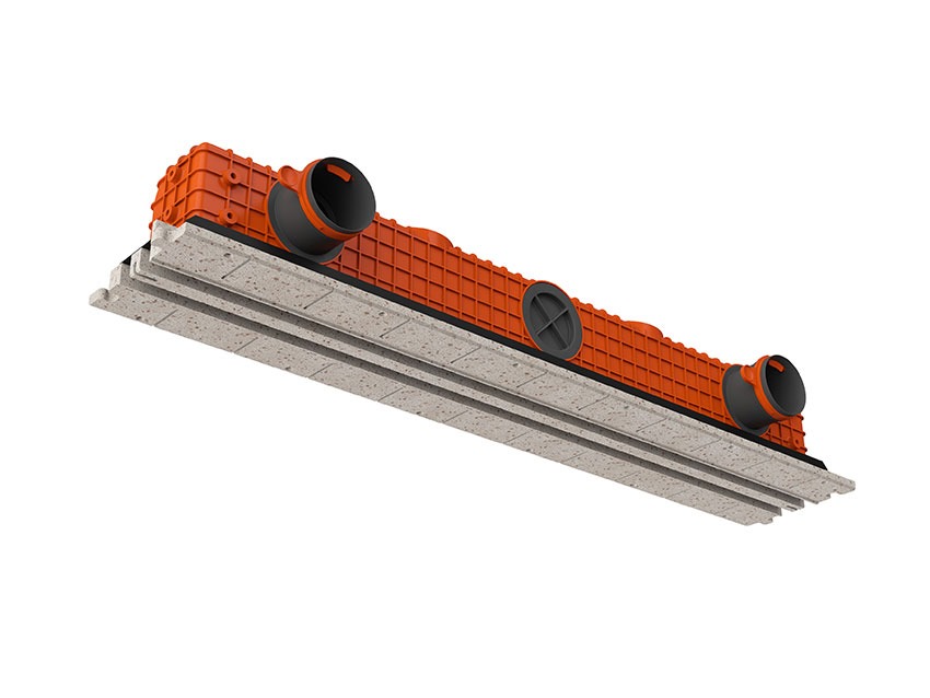 ERGOVENT LINEO PRO PUZZLE 2-slot 75-90mm angled view showing orange plenum body with round duct inlets and gray gypsum frame