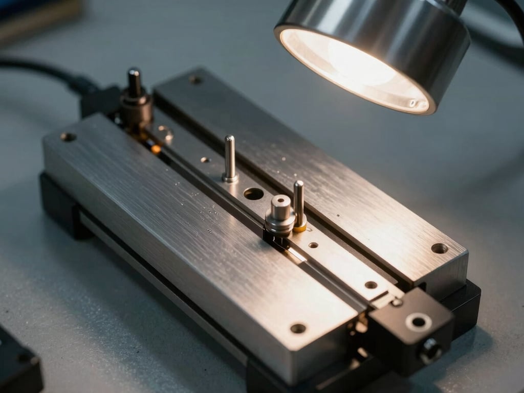Close-up overhead shot of a PCB assembly fixture clamped on a workbench, alignment pins visible, tungsten shop light raking across machined aluminium surface