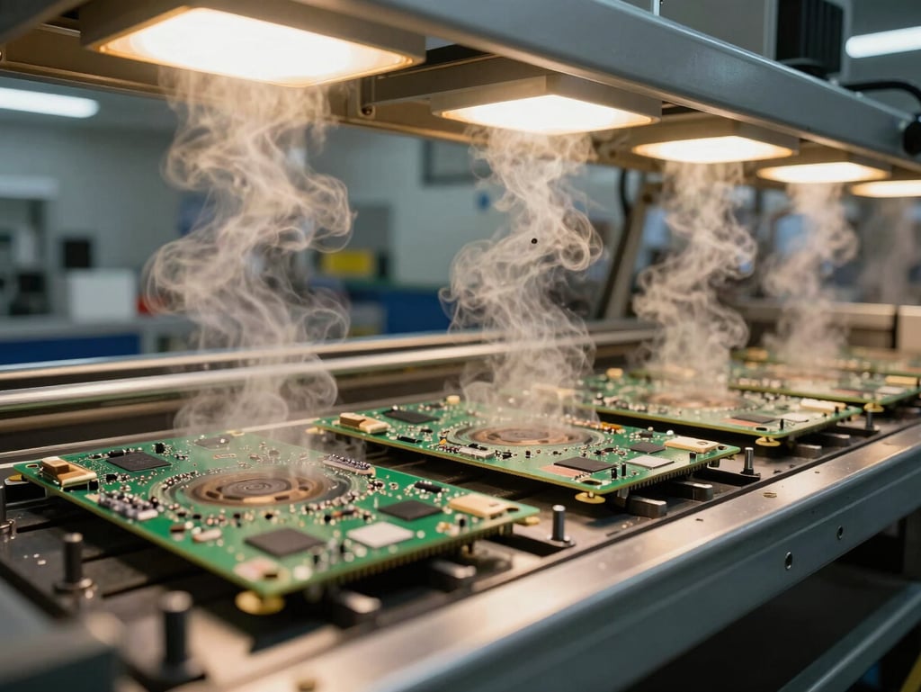 Wide shot of a wave solder pallet loaded with PCB panels on a solder line, warm amber flux fumes visible under industrial ceiling lights, pallet rails and locating pins in sharp focus