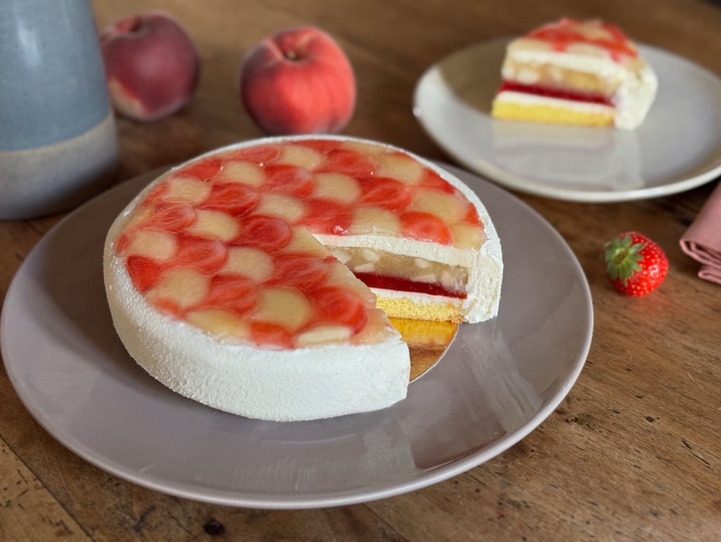 entremet melba pêche fraise vanille