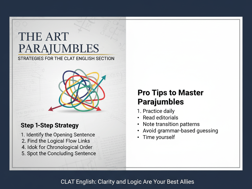 A strategy guide graphic for the CLAT English section titled "THE ART OF PARAJUMBLES." The image fea