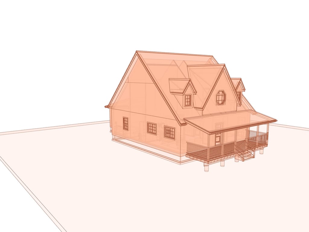 Wireframe image of a small house with steep roof and dormers.