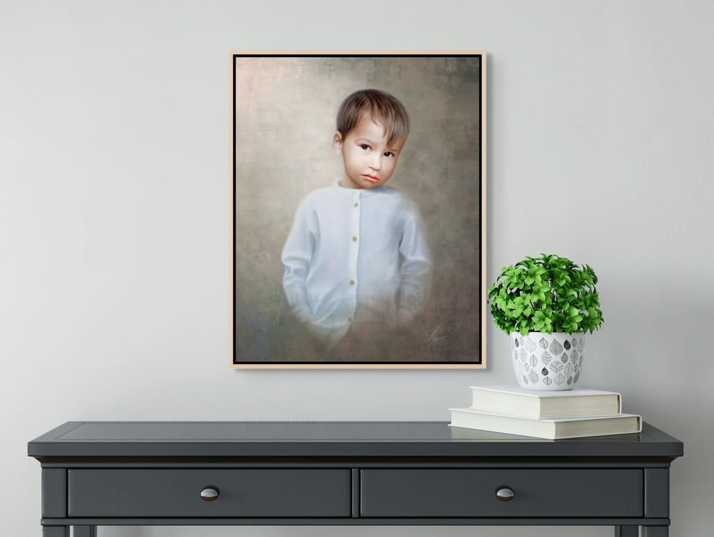 a portrait of a young boy in a white shirt