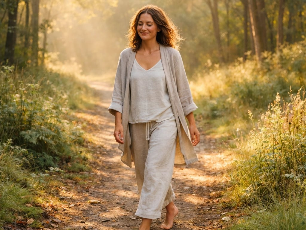 A woman wearing sustainable linen loungewear walks barefoot on a sunlit forest trail.