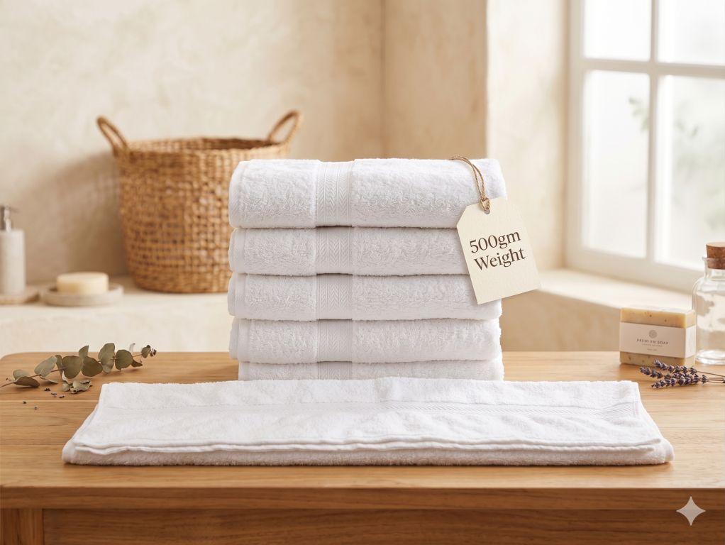 "Durable 500 GSM white cotton hotel towel, high-quality bulk supply for hotels and resorts."