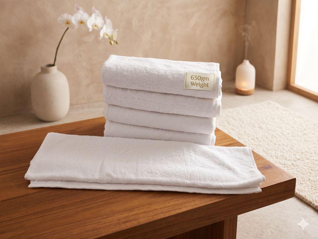 "Premium 630 GSM hotel white towel, ultra-absorbent luxury towel for wholesale hospitality use."
