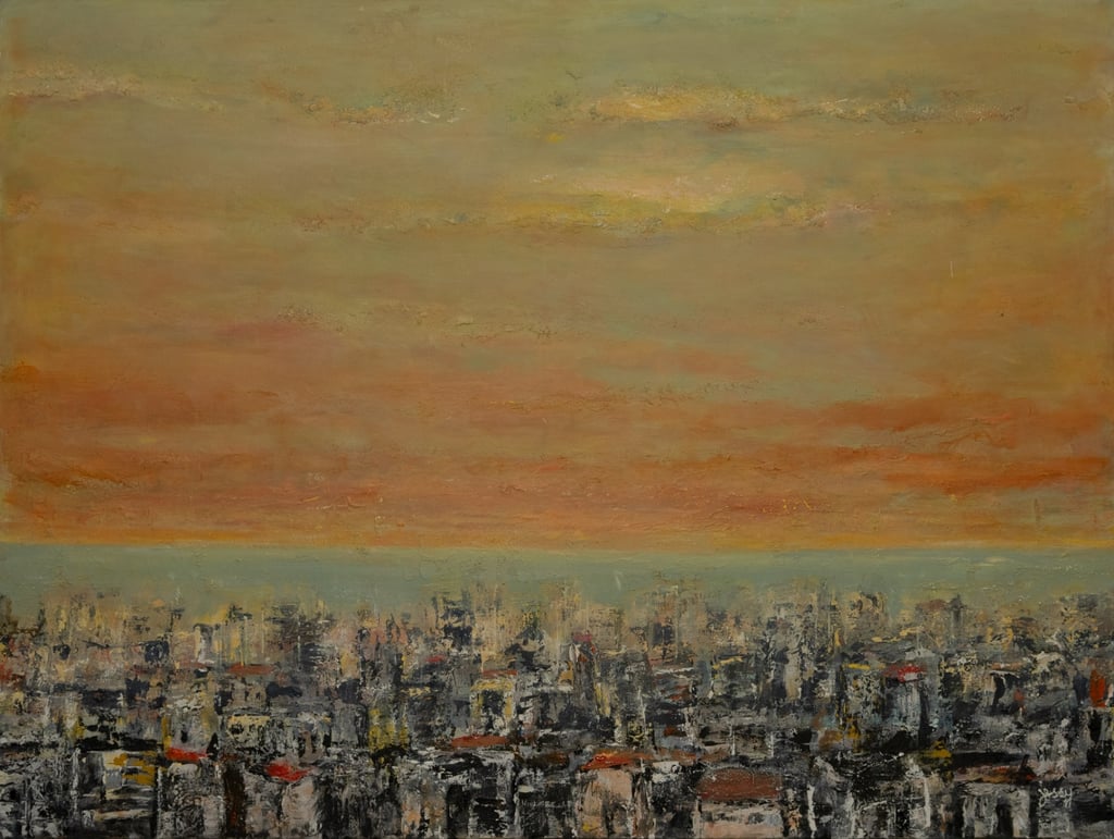 Acrylic on canvas painting of a golden sunset by artist Jessy Tabet
