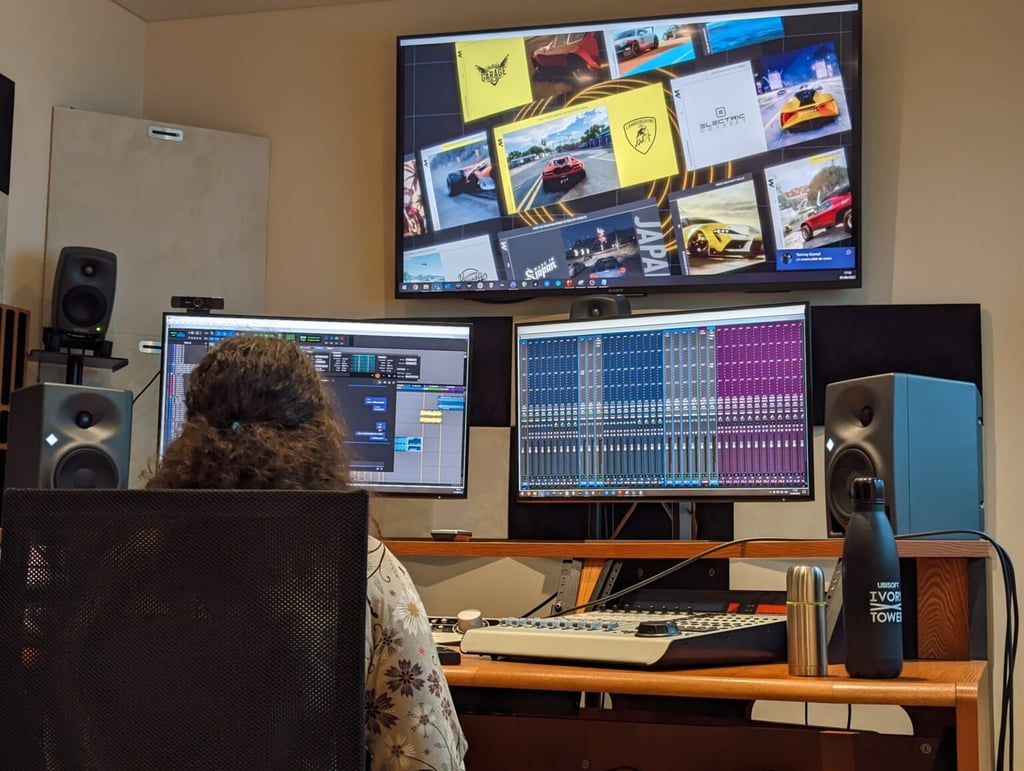 Federica mixing a trailer in Ubisoft Audio room