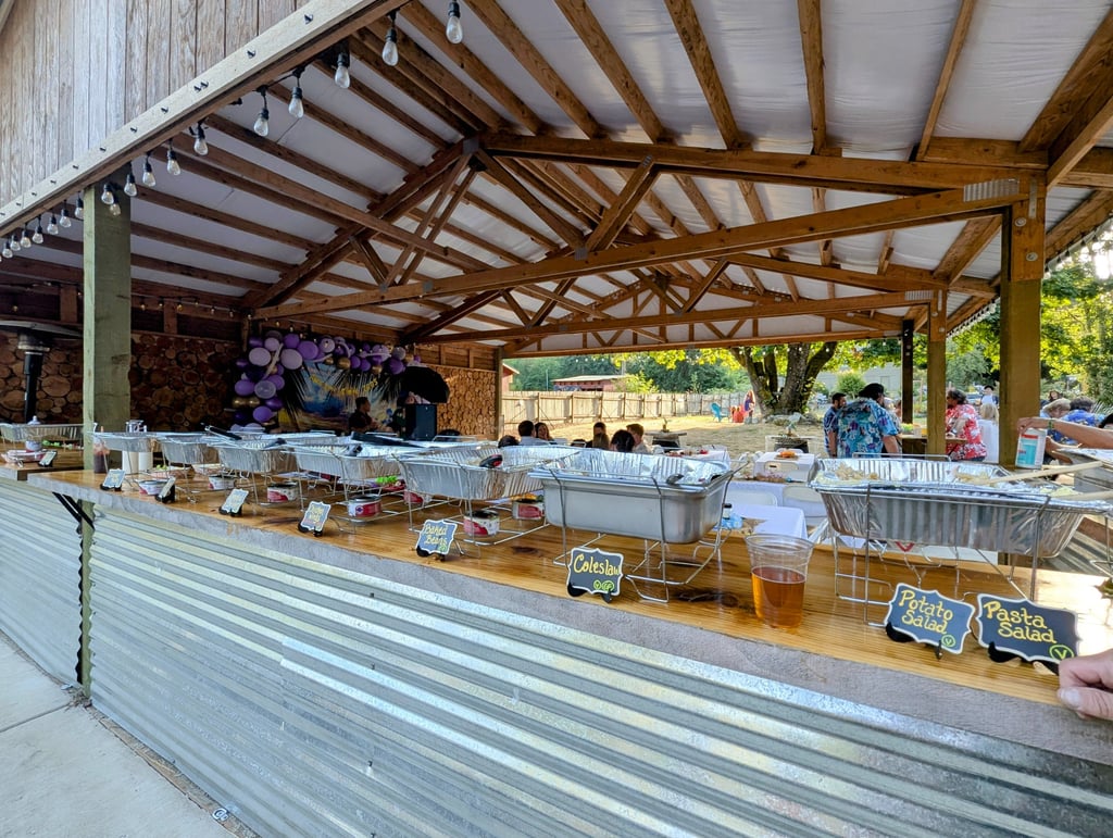 Buffet line under an outdoor pavilion at a casual backyard party, featuring covered food trays, salads, and drinks.