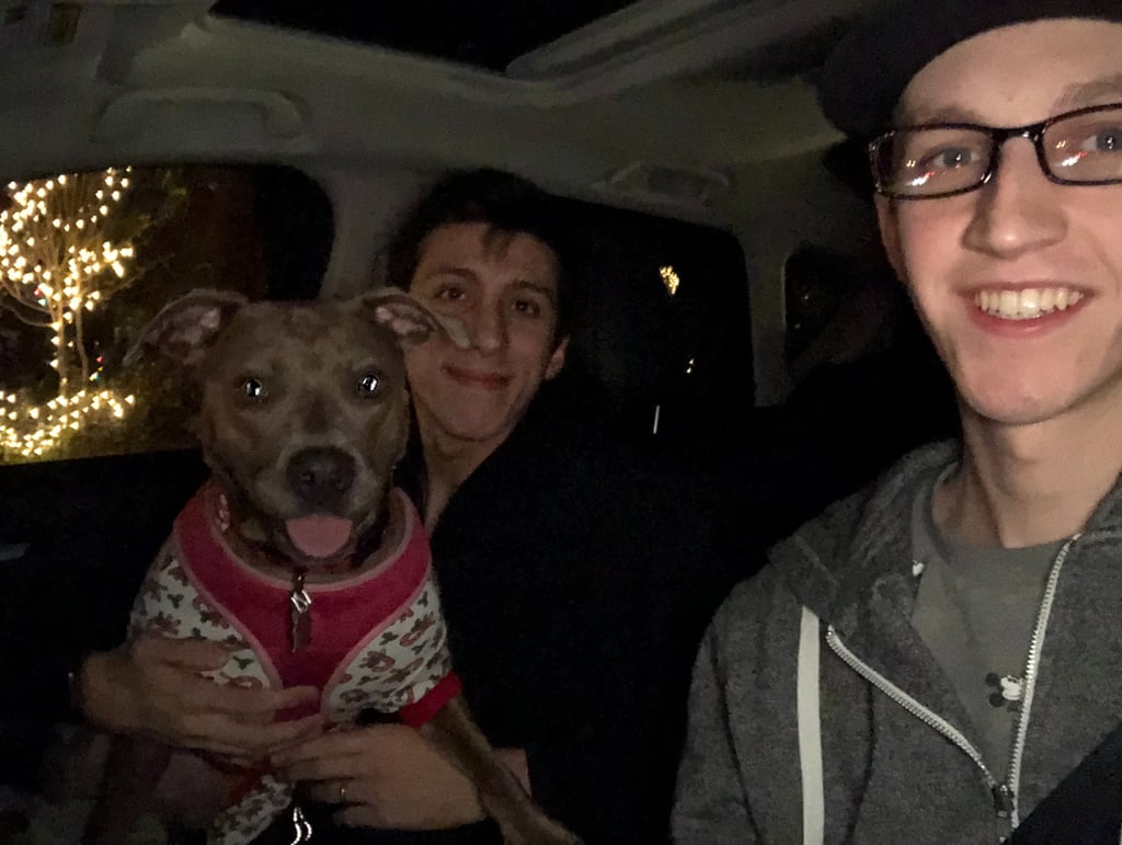 Two people and a dog in a car at night. One person holds a happy dog wearing a sweater. 