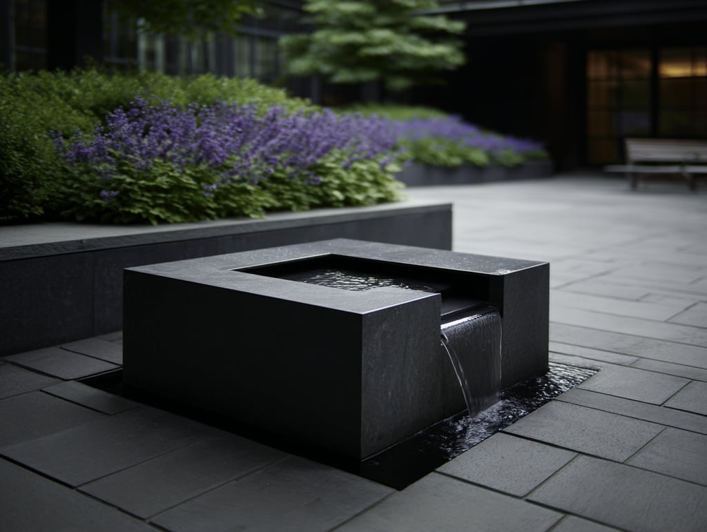 Modern black stone water feature with a waterfall spillway in a garden patio.