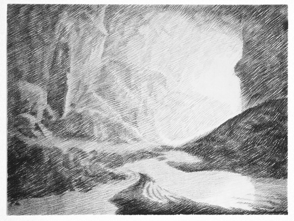 a drawing of a river in a cave