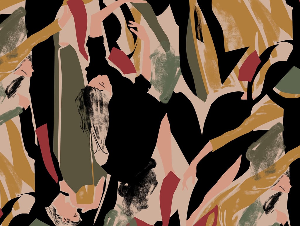 Estampa digital abstrata figurativa de mulheres dançando, inspirada na artista Pina Bausch