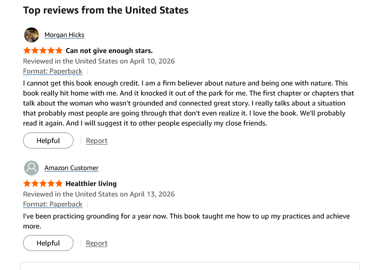 Screenshot of positive Amazon book reviews about grounding, nature, and healthier living.