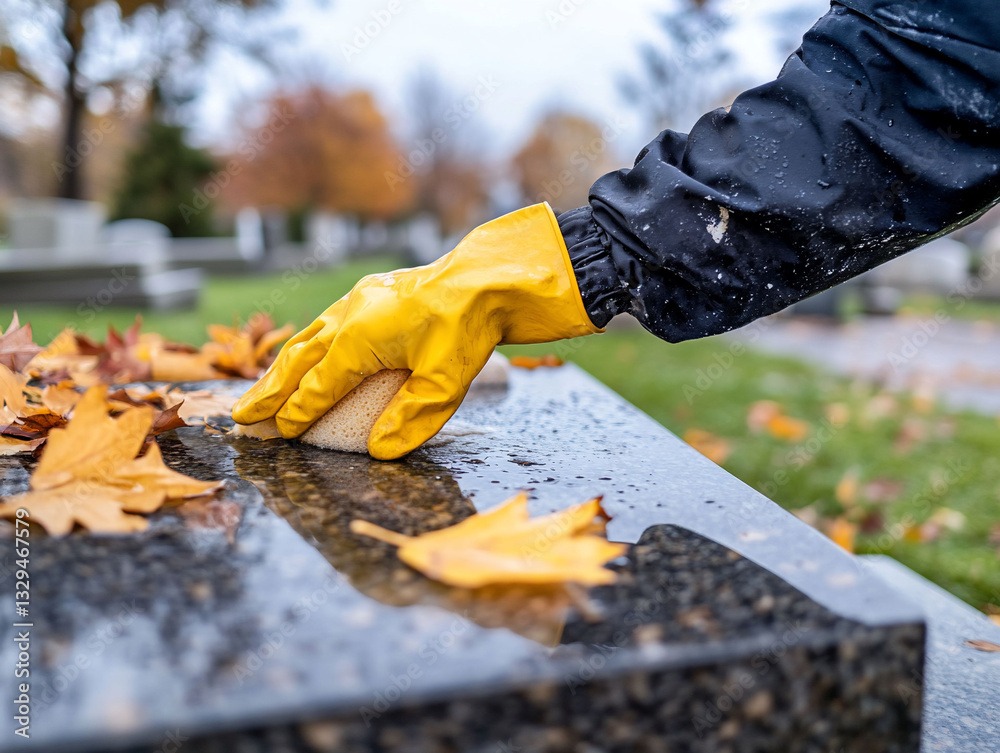 a person cleaning a headstone