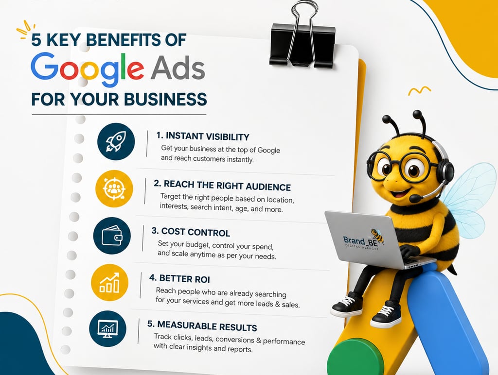 Infographic detailing 5 key benefits of Google Ads for business marketing, featuring a cartoon bee character.