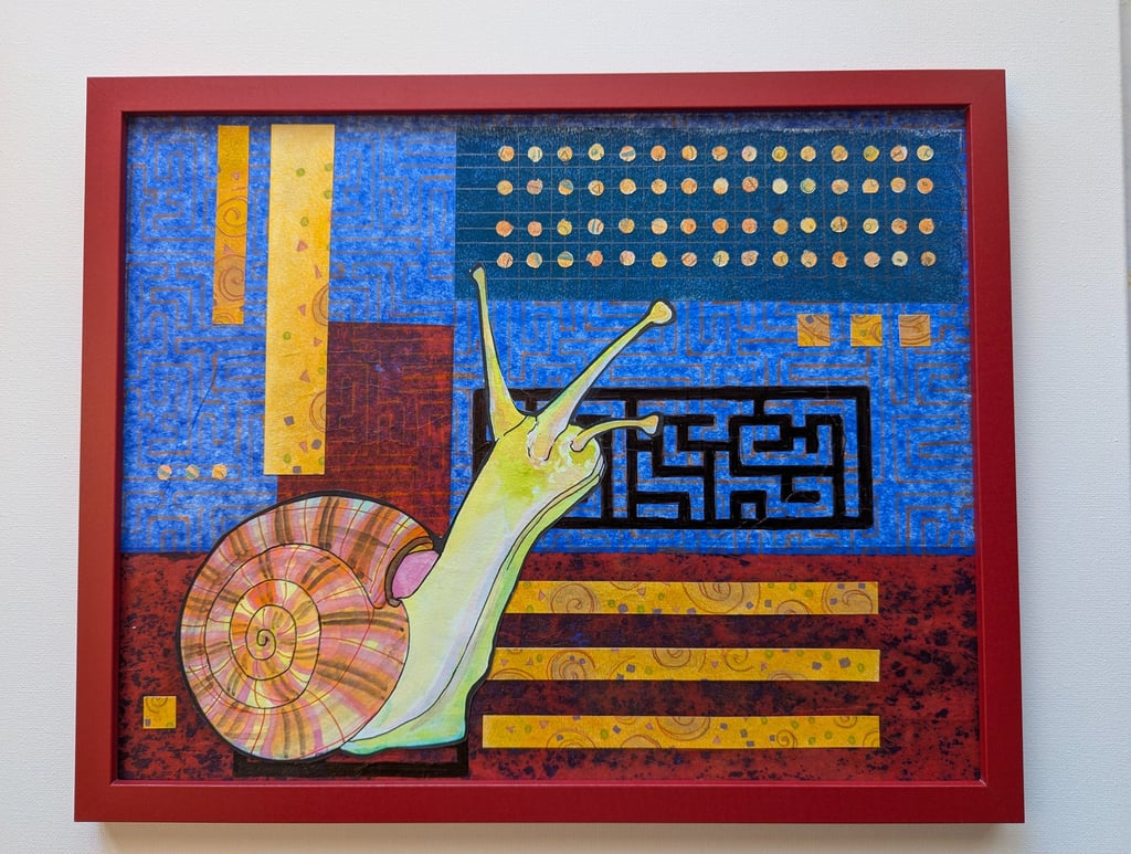 Strong reds, blues and oranges patterned mid-mod multi media art with helix snail.
